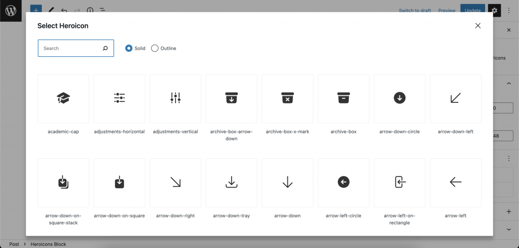 An example of the Heroicons block interface in WordPress